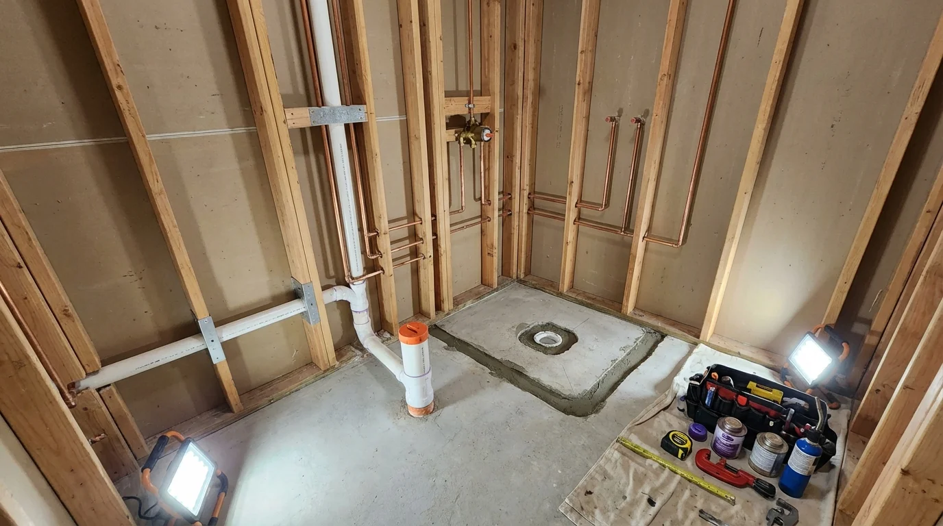 Bathroom rough-in plumbing during remodel by Johns Plumbing LLC in Farmington
