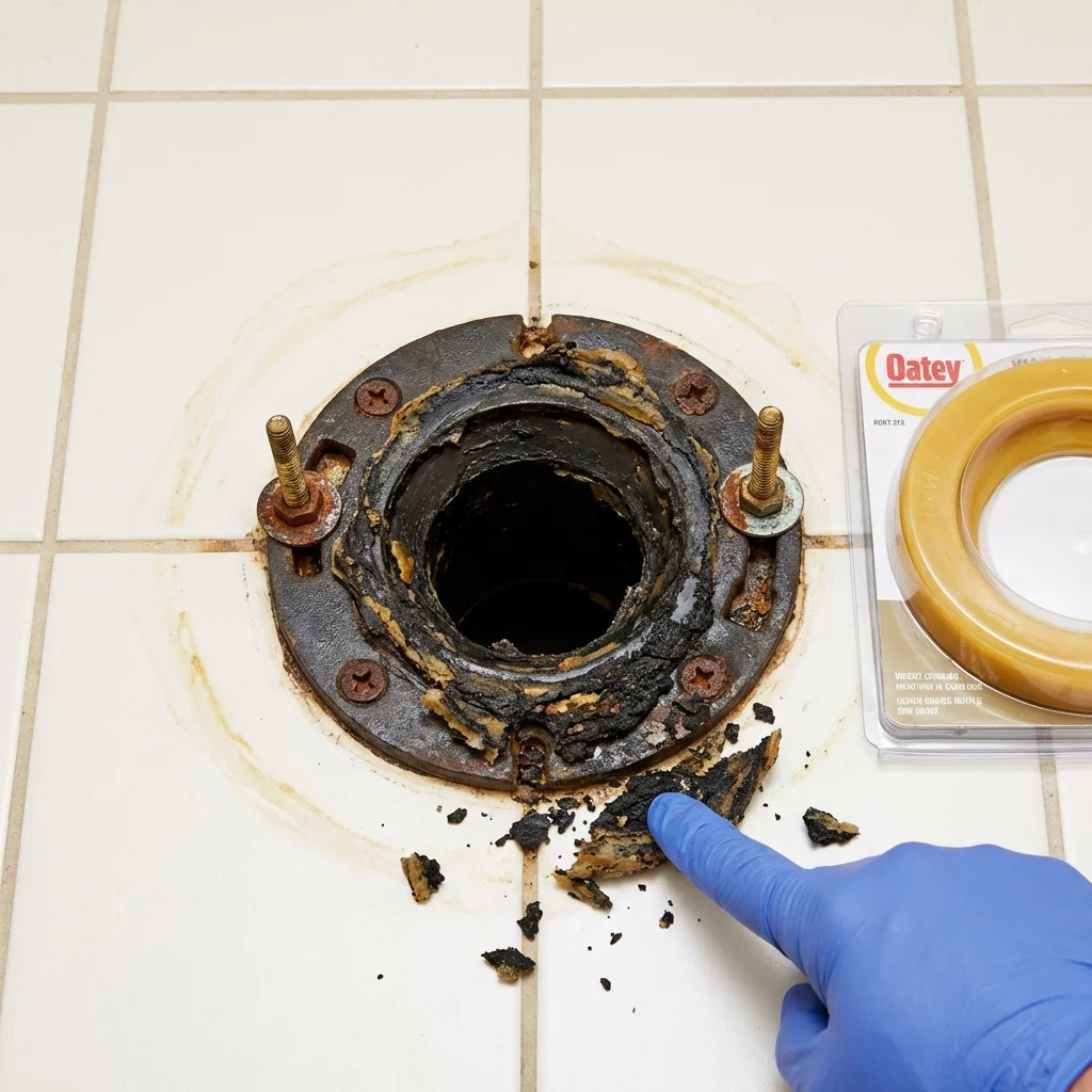 Failed wax ring showing water seepage at the base of a toilet in a Farmington, IL home