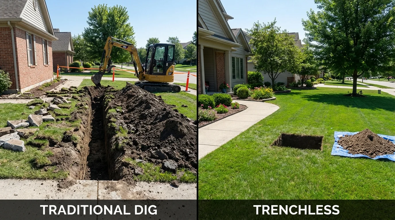 Trenchless sewer repair with minimal yard damage versus traditional excavation in Farmington, IL