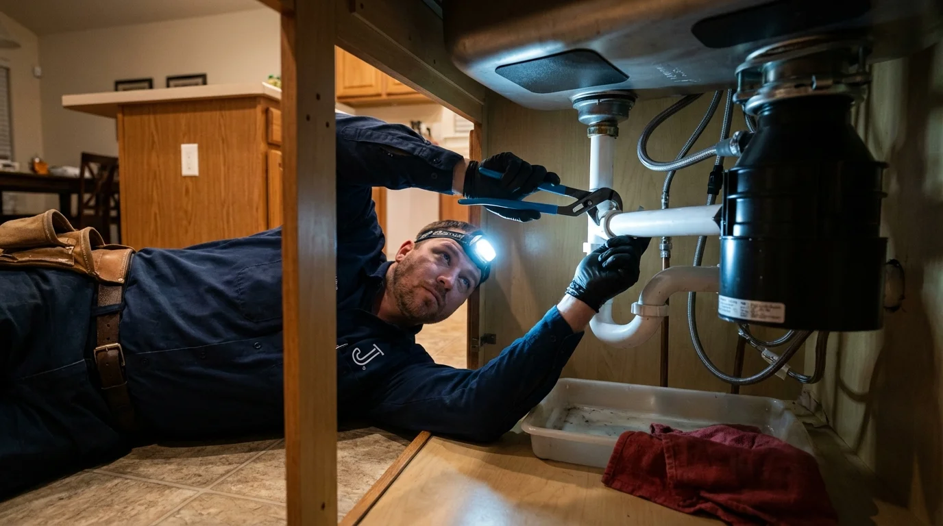 P-trap and supply line connections under a kitchen sink showing a common leak point in Farmington, IL